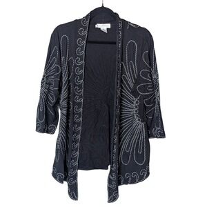 Once Again Black Open Front Cardigan Large‎ 3/4 Sleeve White Embroidered Stitch